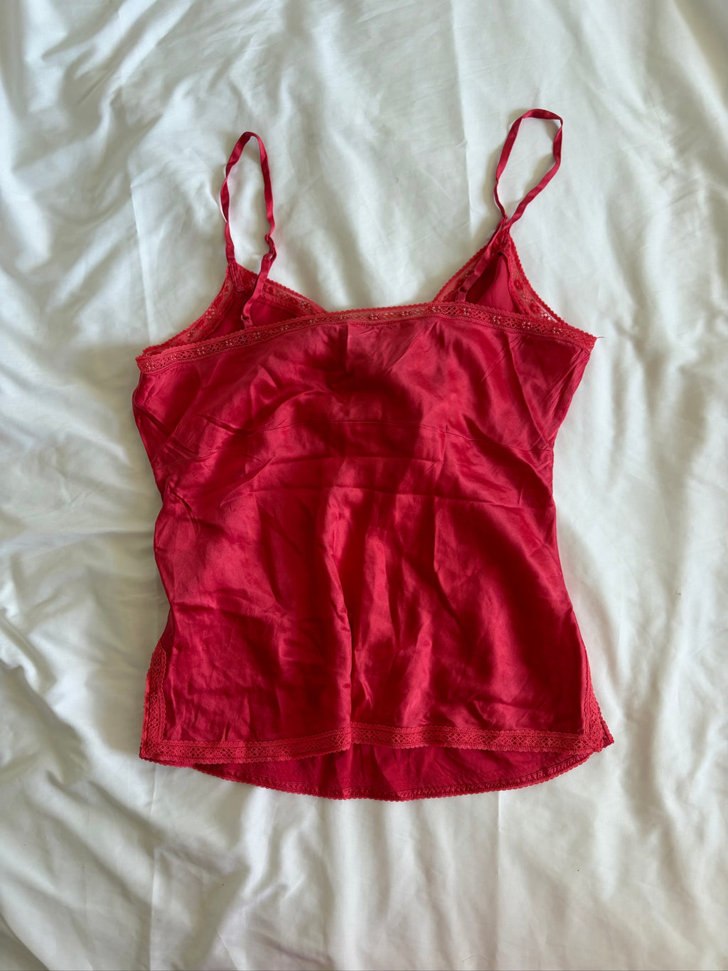 Vintage Y2K red silk cami with ruched bust and beaded detailing