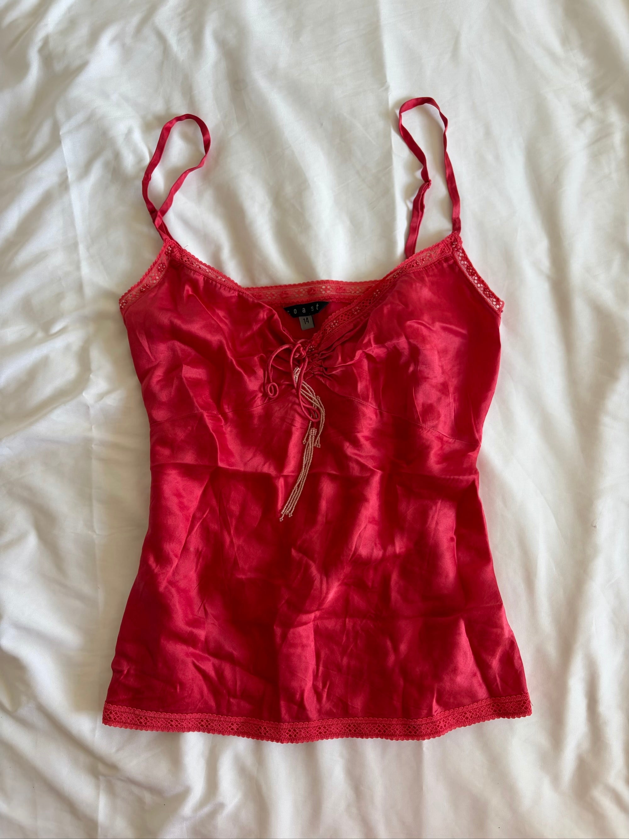 Vintage Y2K red silk cami with ruched bust and beaded detailing