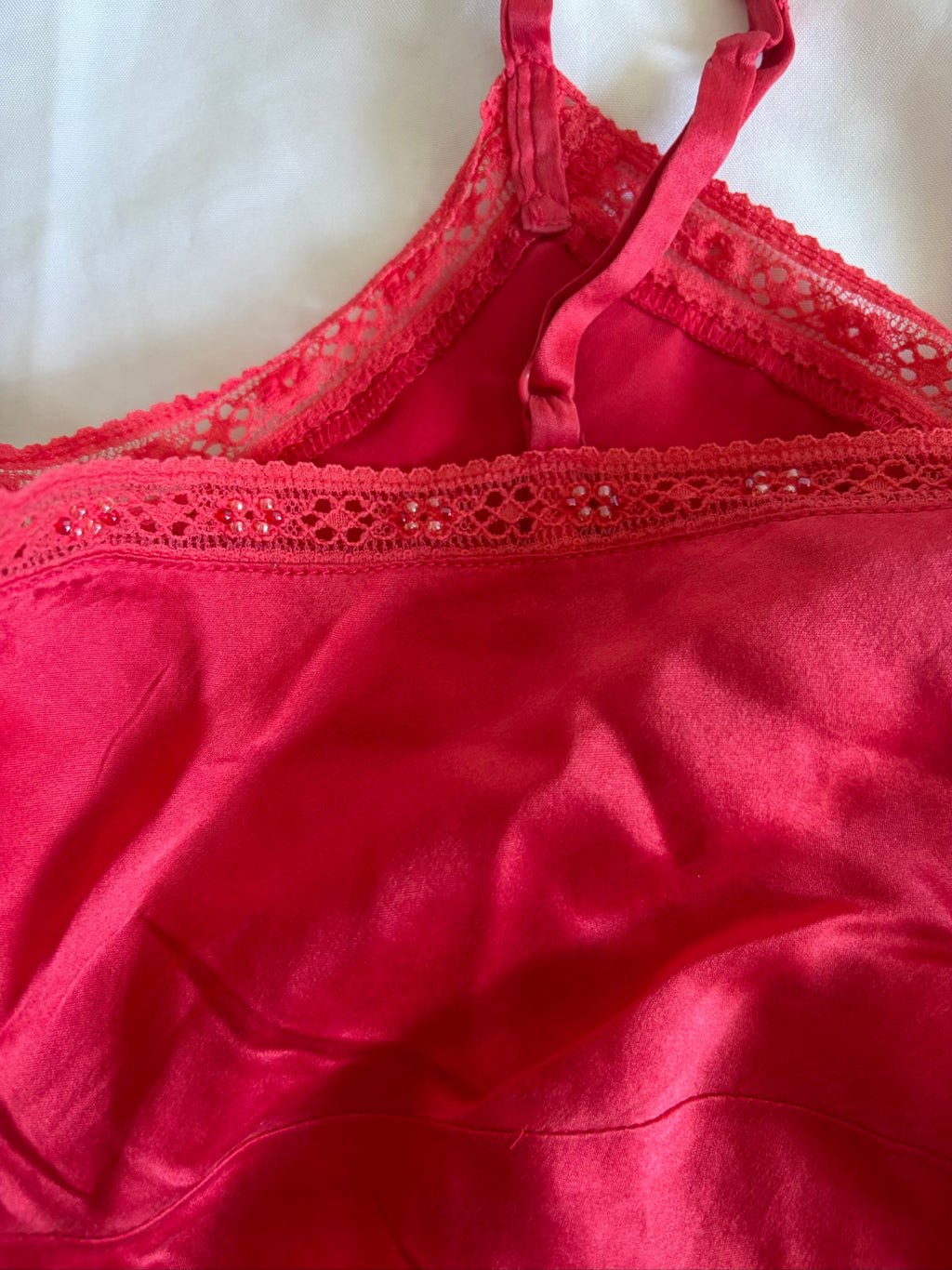 Vintage Y2K red silk cami with ruched bust and beaded detailing