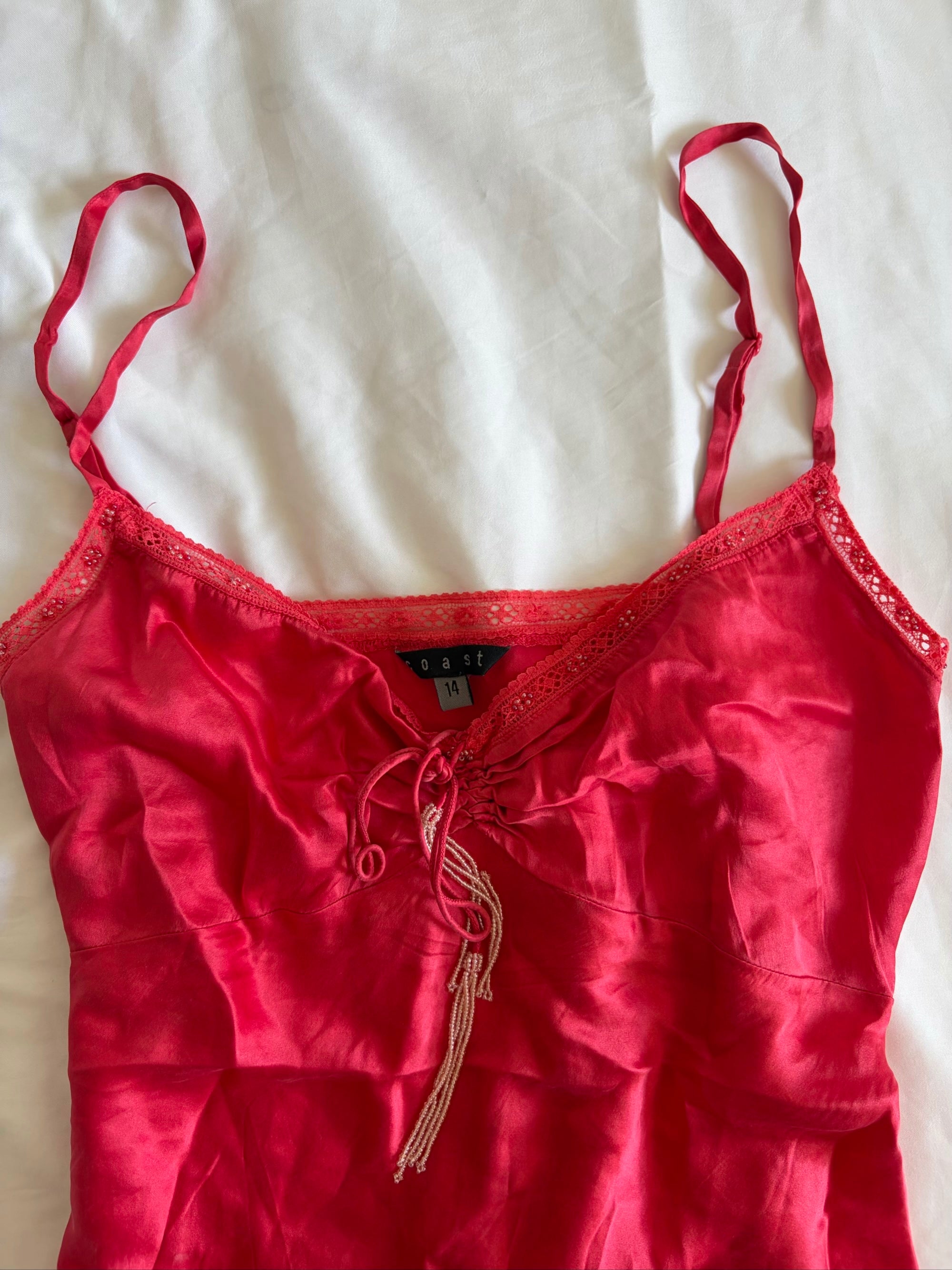 Vintage Y2K red silk cami with ruched bust and beaded detailing