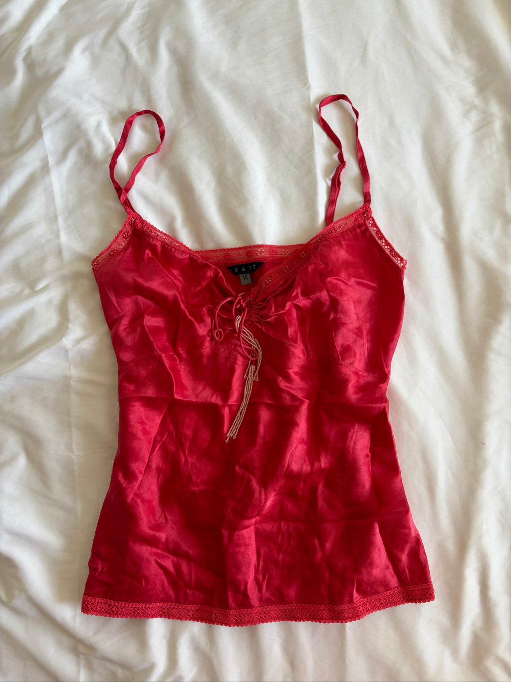 Vintage Y2K red silk cami with ruched bust and beaded detailing