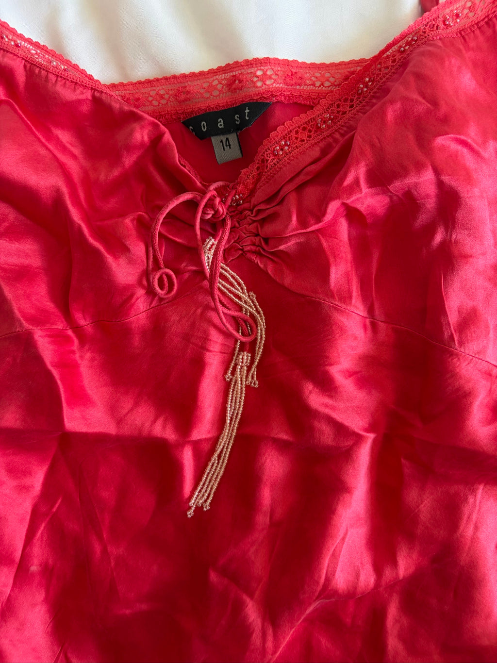 Vintage Y2K red silk cami with ruched bust and beaded detailing