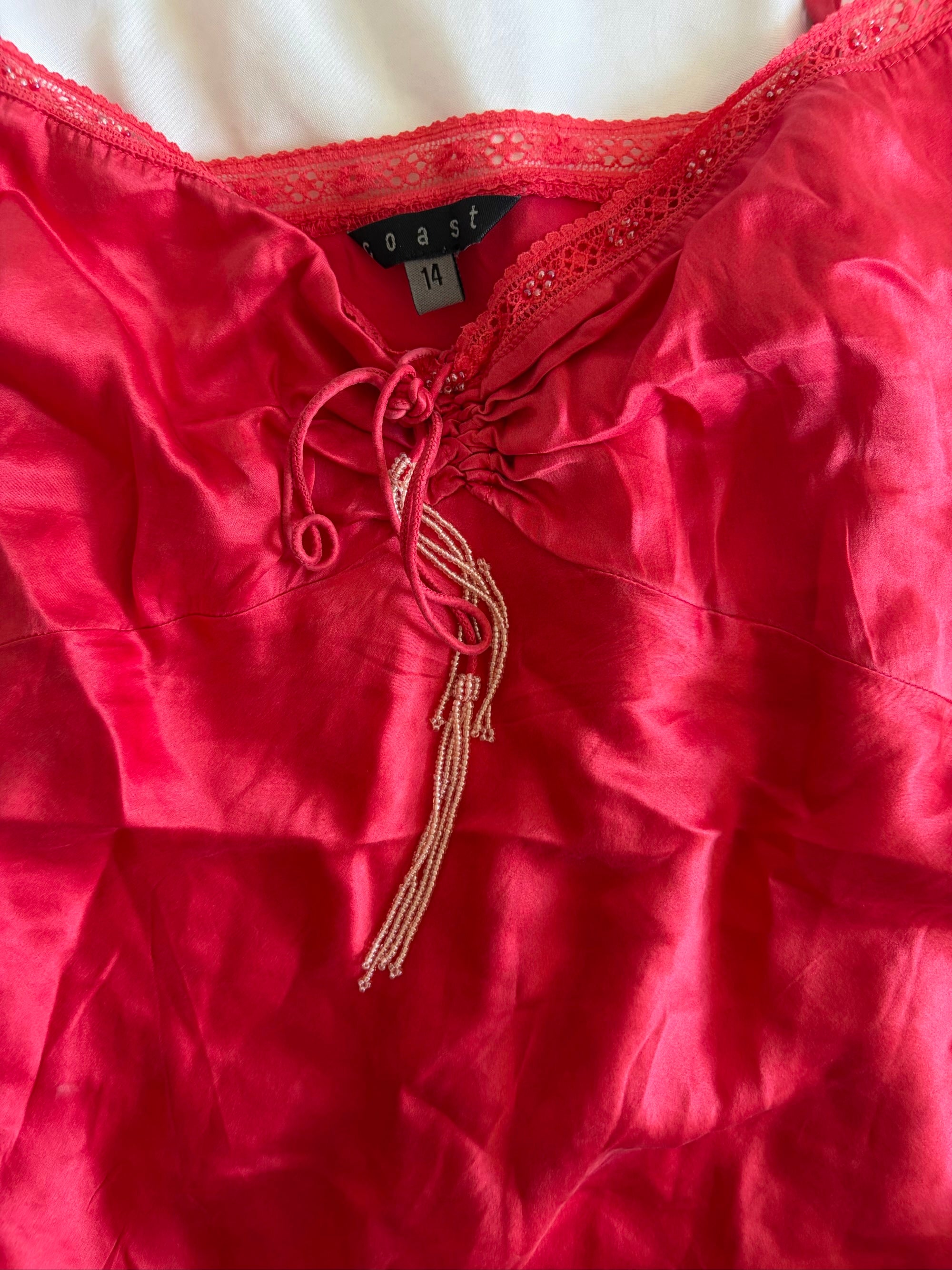 Vintage Y2K red silk cami with ruched bust and beaded detailing
