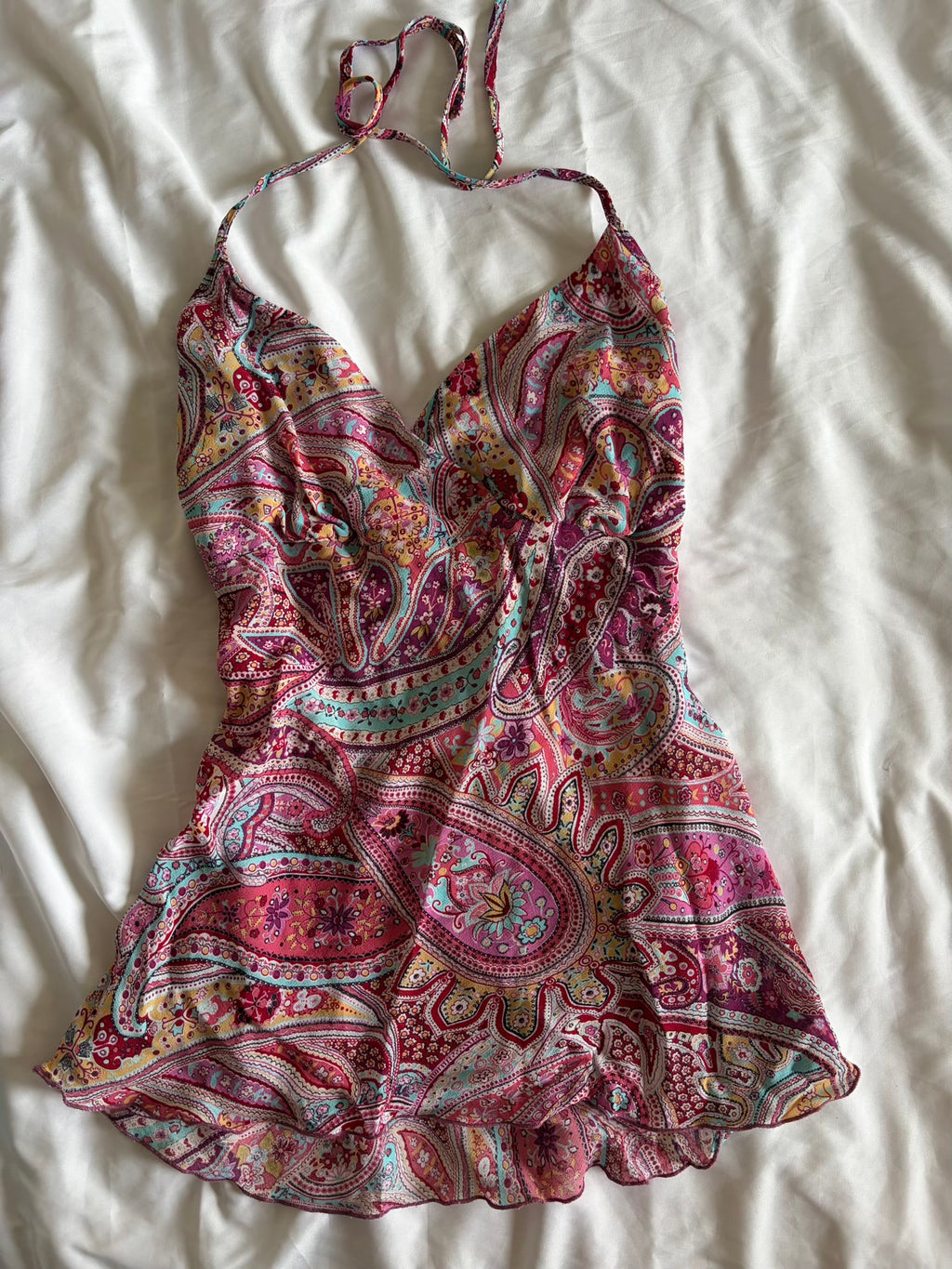 Vintage Y2K pink paisley halterneck cami with floaty fairy hem