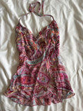 Vintage Y2K pink paisley halterneck cami with floaty fairy hem