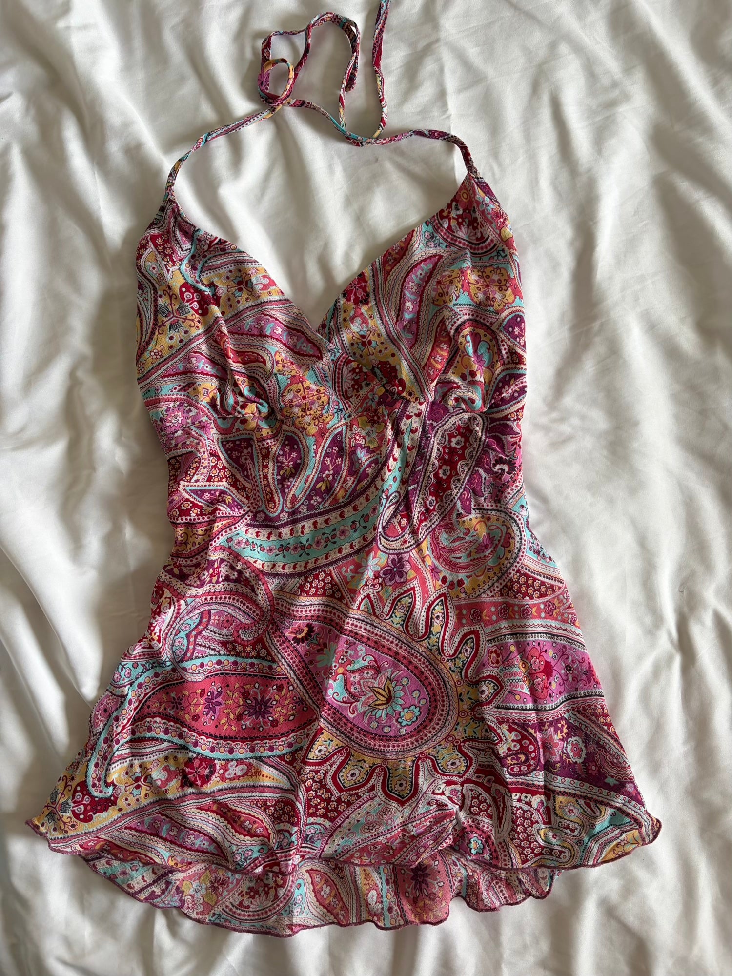 Vintage Y2K pink paisley halterneck cami with floaty fairy hem
