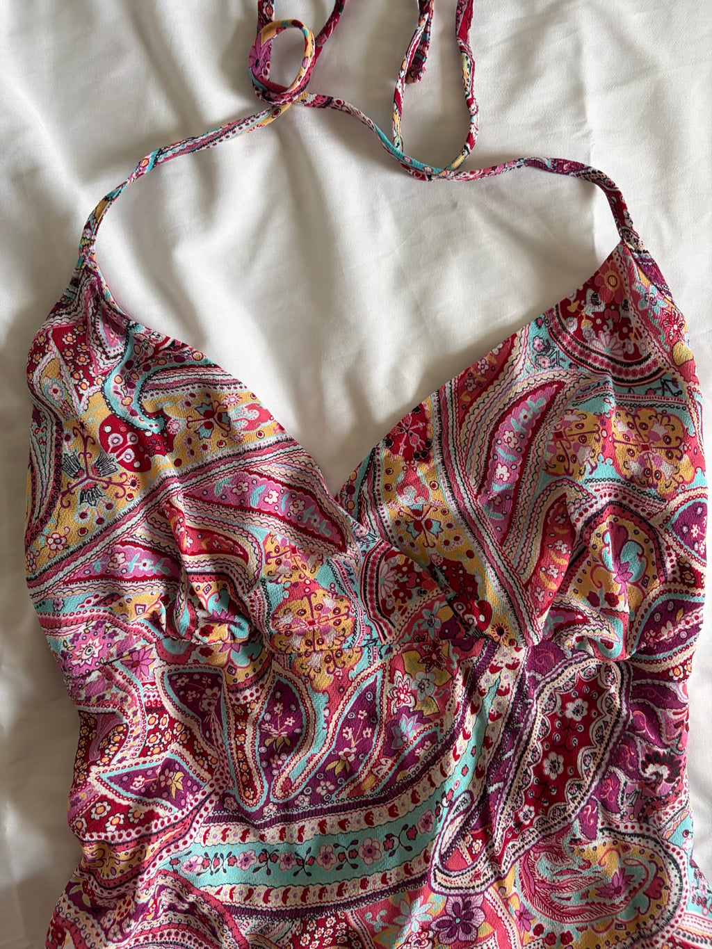 Vintage Y2K pink paisley halterneck cami with floaty fairy hem