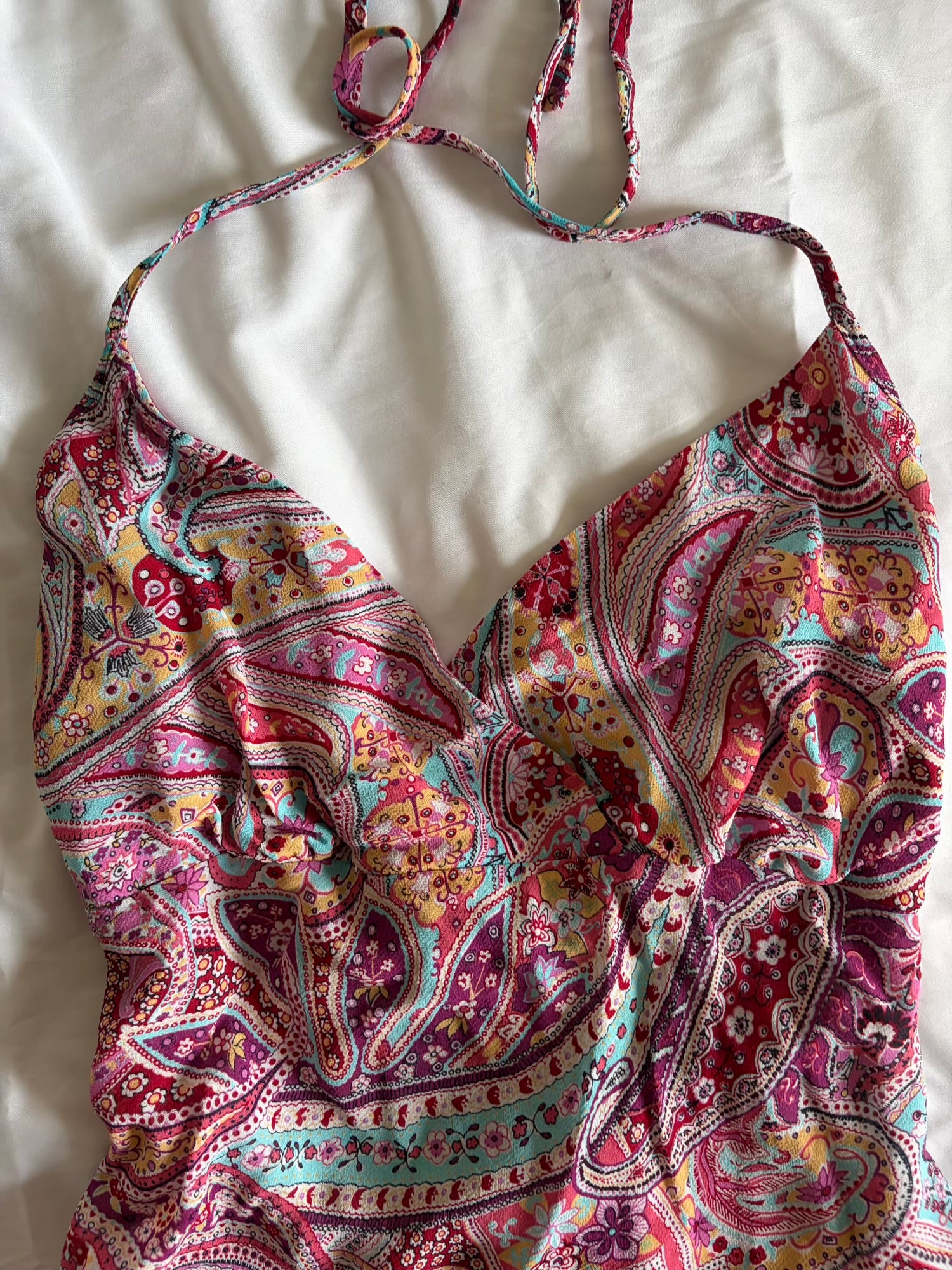 Vintage Y2K pink paisley halterneck cami with floaty fairy hem