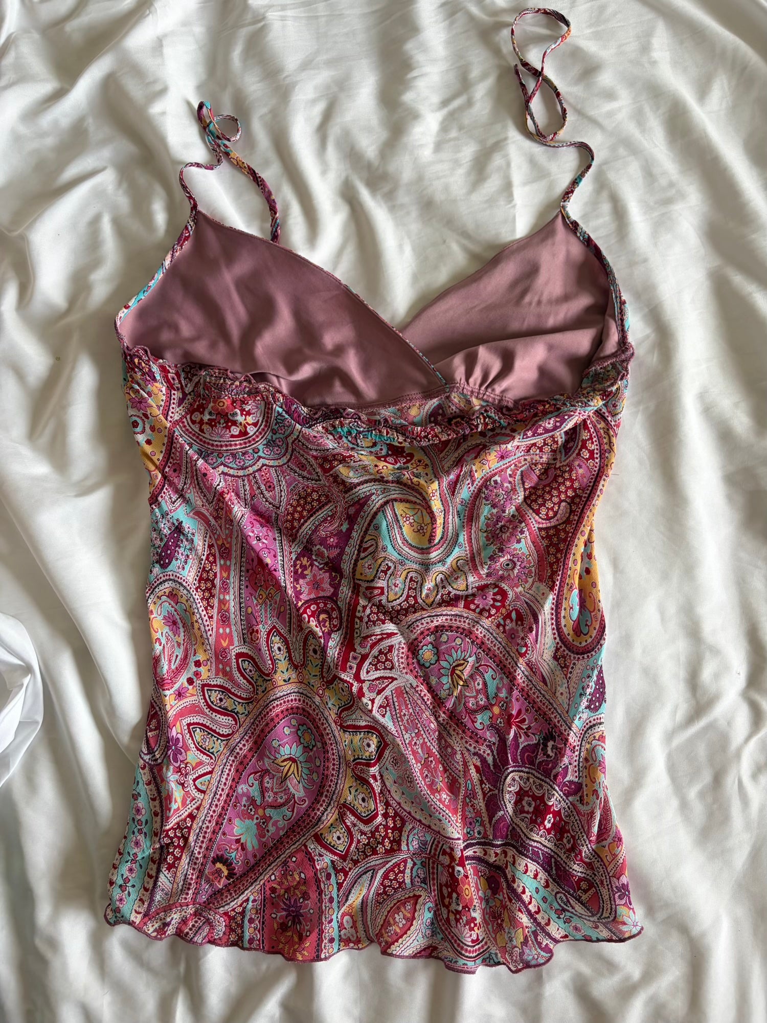 Vintage Y2K pink paisley halterneck cami with floaty fairy hem