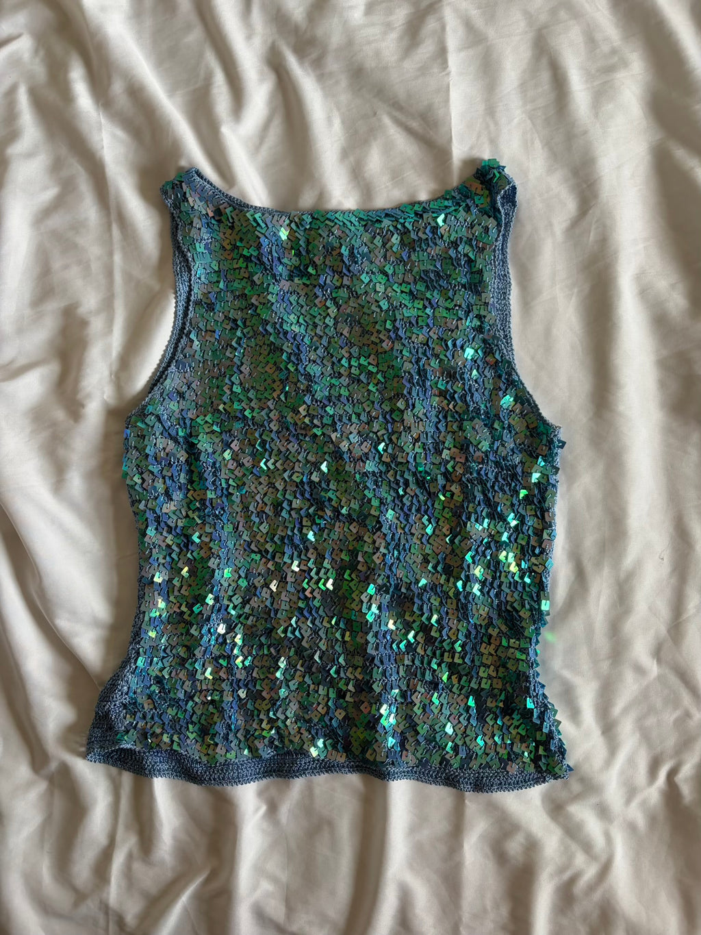 Vintage 1990s boatneck blue sequin crochet cami