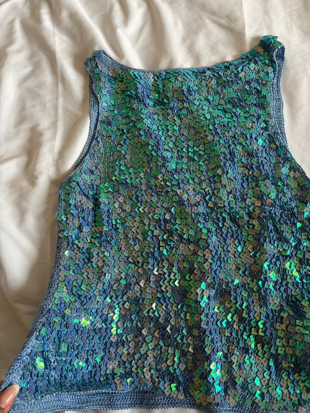 Vintage 1990s boatneck blue sequin crochet cami