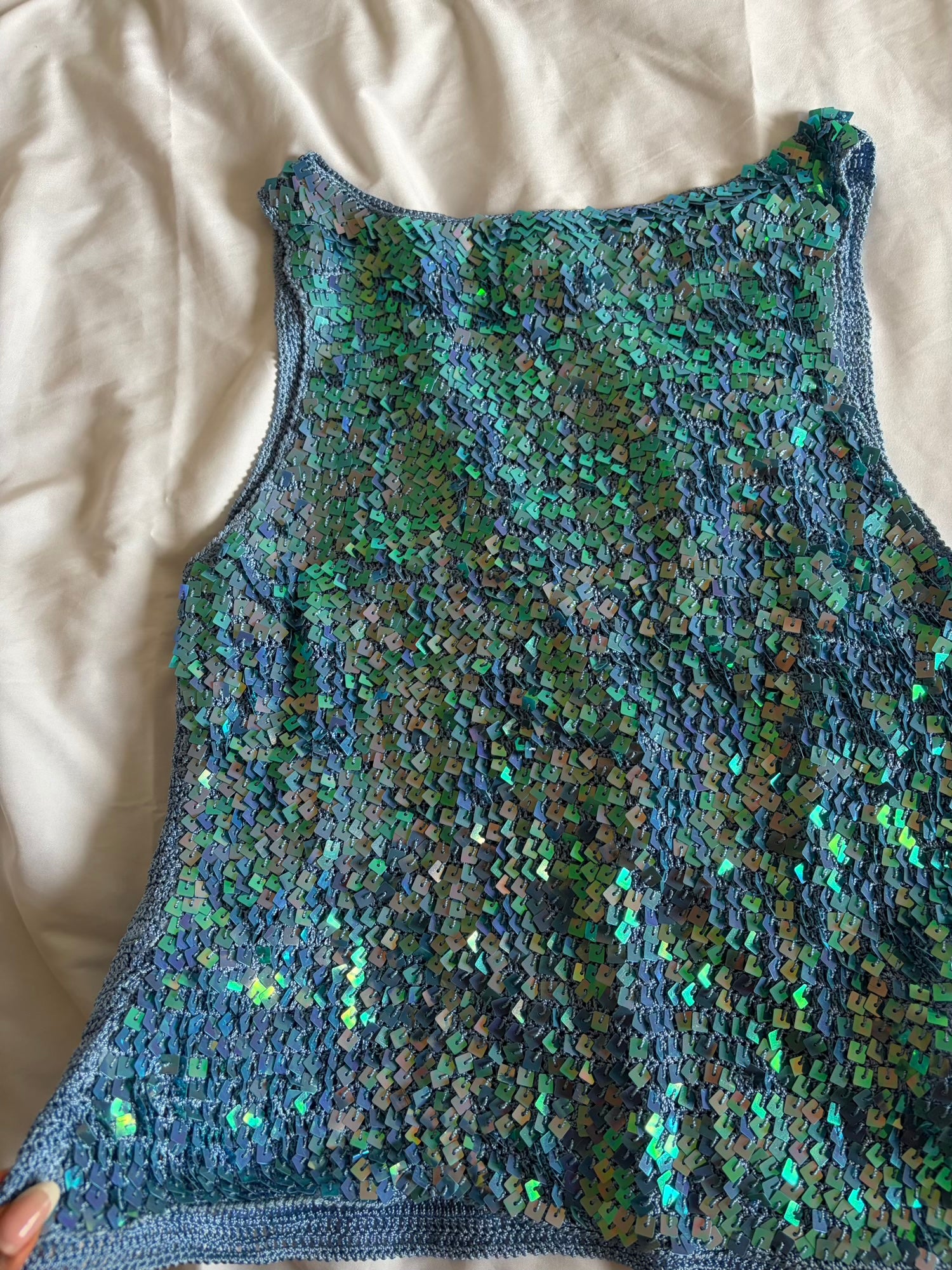Vintage 1990s boatneck blue sequin crochet cami