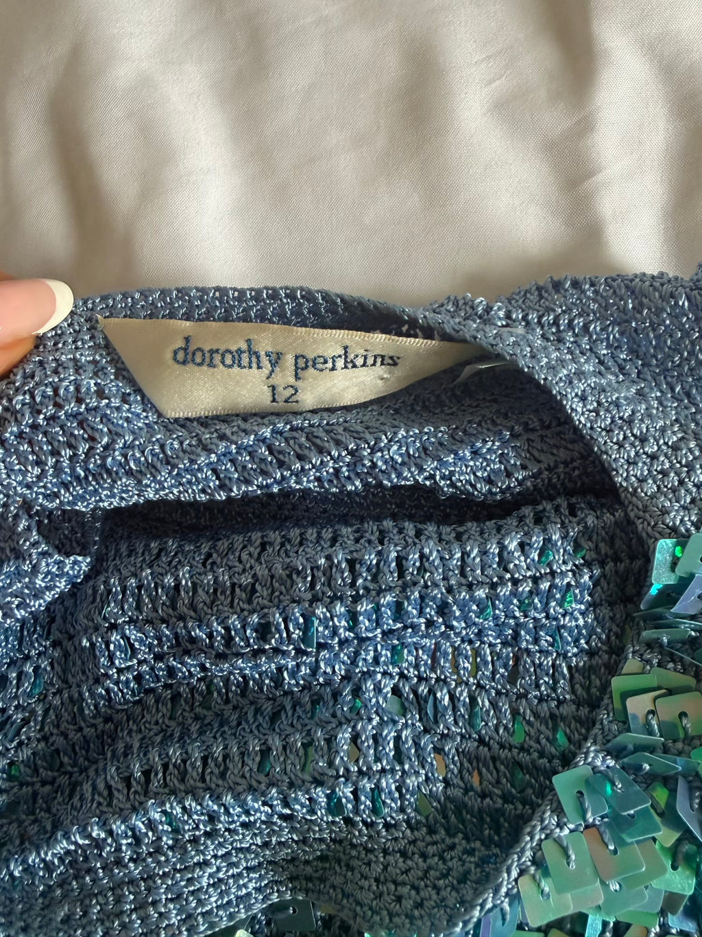 Vintage 1990s boatneck blue sequin crochet cami