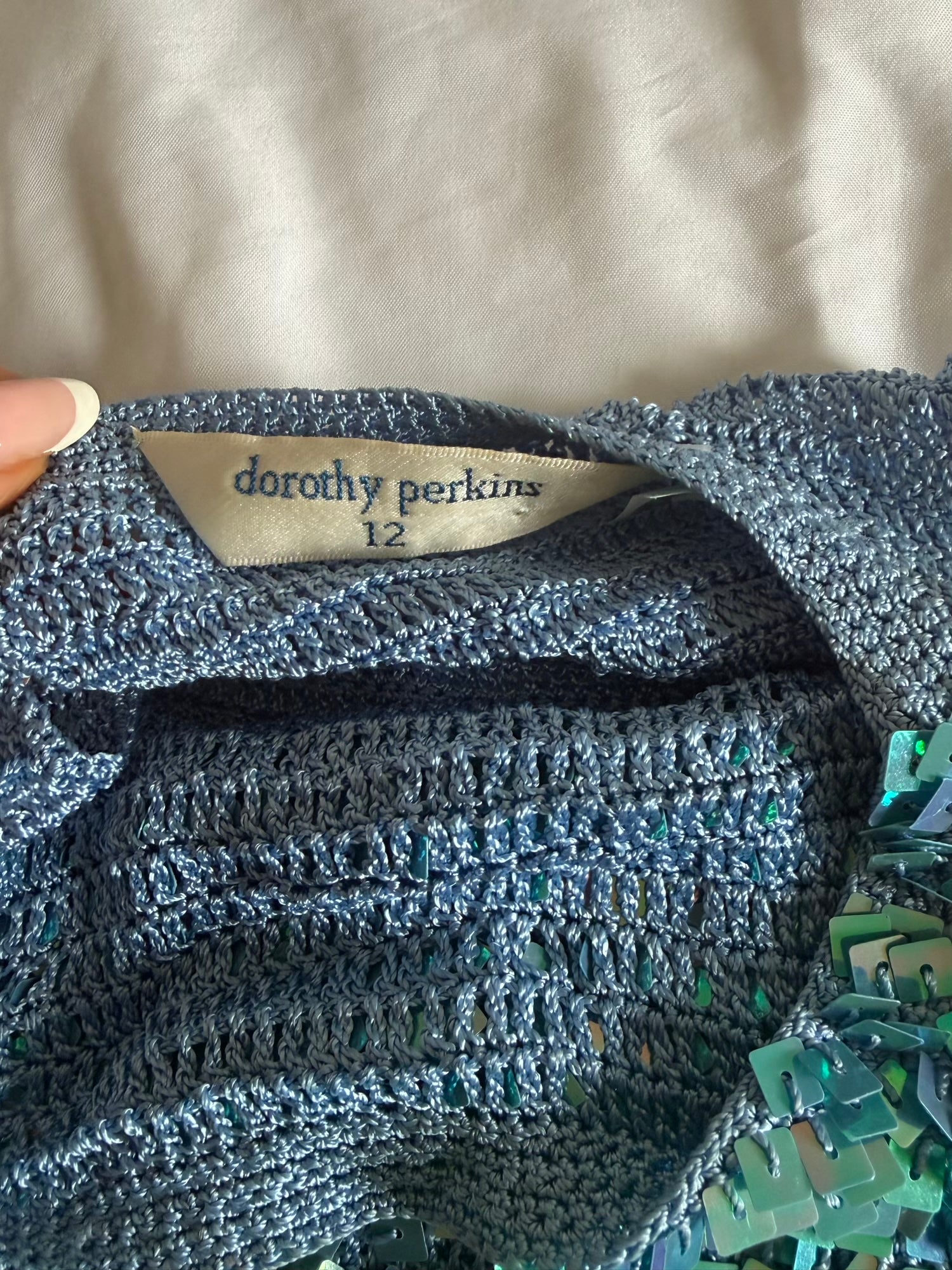 Vintage 1990s boatneck blue sequin crochet cami