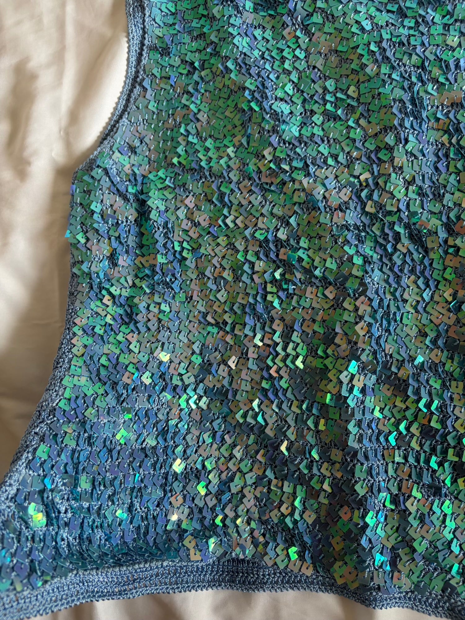 Vintage 1990s boatneck blue sequin crochet cami