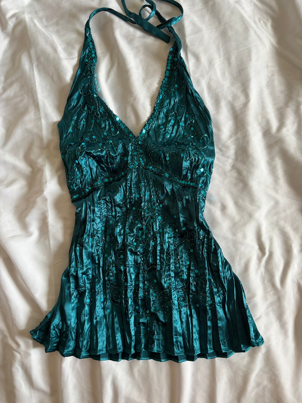 Vintage Y2K teal halterneck cami with sequin and beaded detail