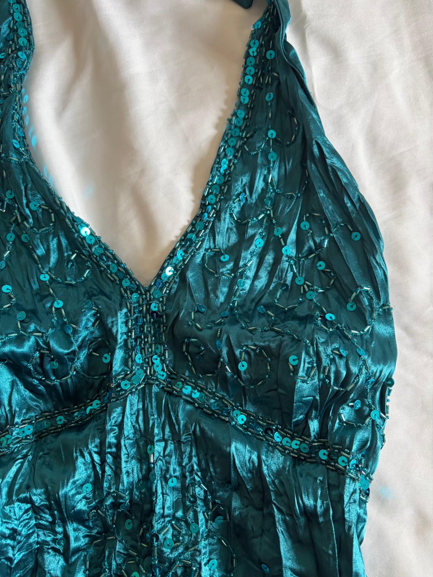 Vintage Y2K teal halterneck cami with sequin and beaded detail