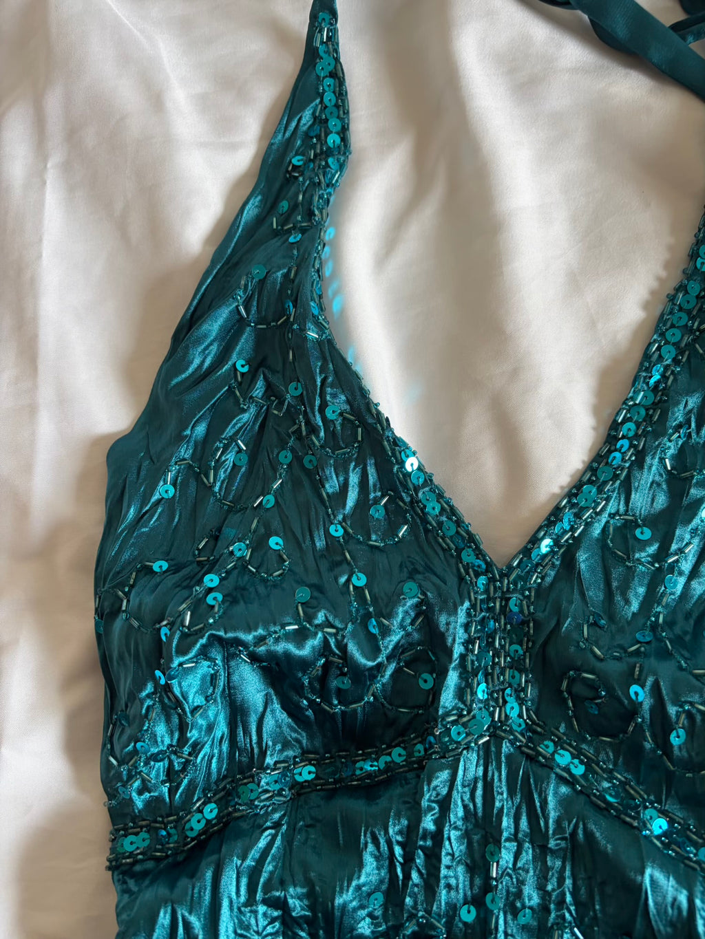 Vintage Y2K teal halterneck cami with sequin and beaded detail