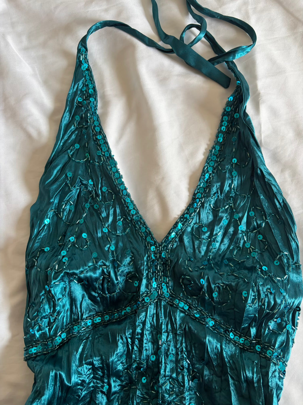 Vintage Y2K teal halterneck cami with sequin and beaded detail