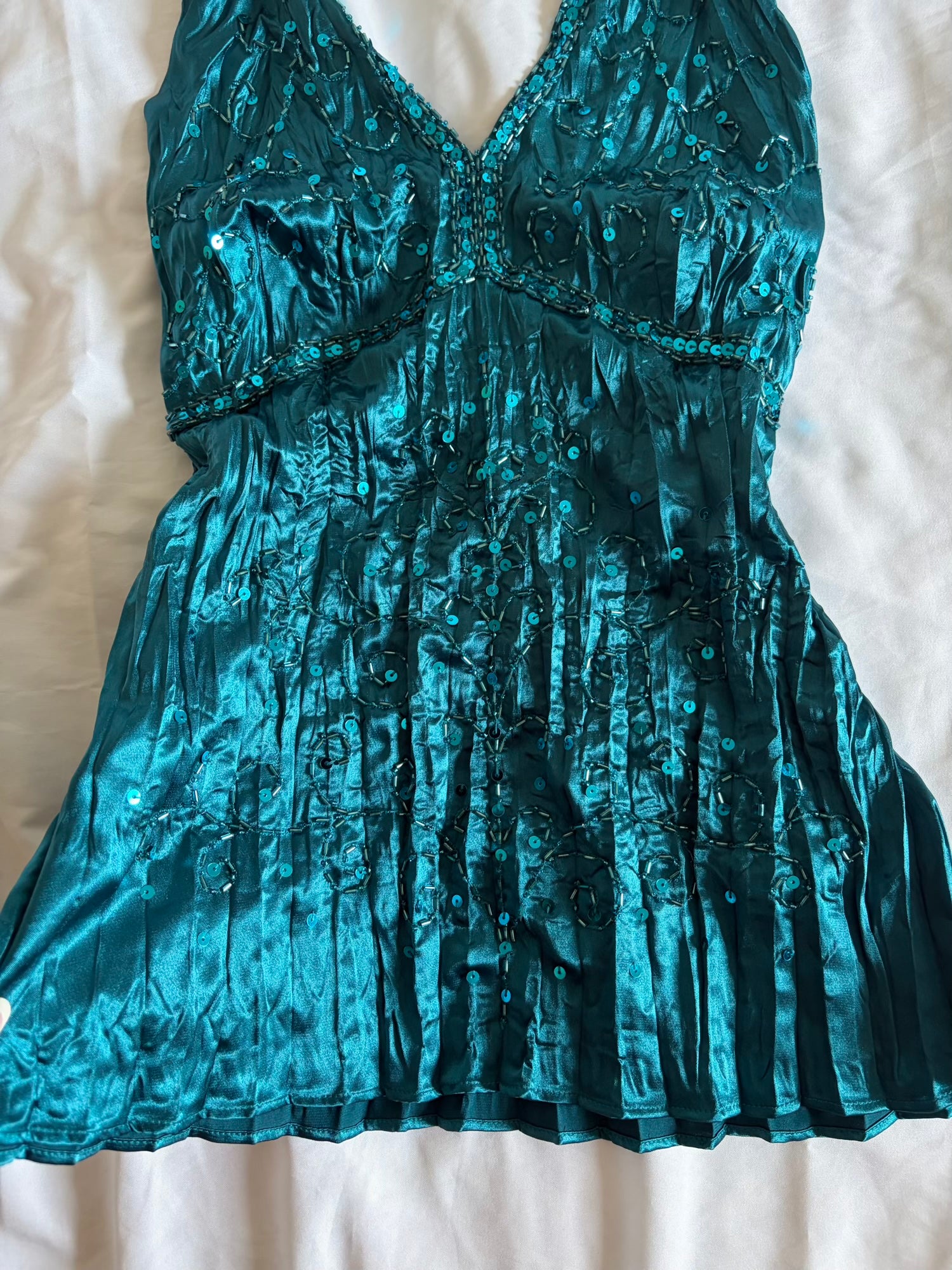 Vintage Y2K teal halterneck cami with sequin and beaded detail