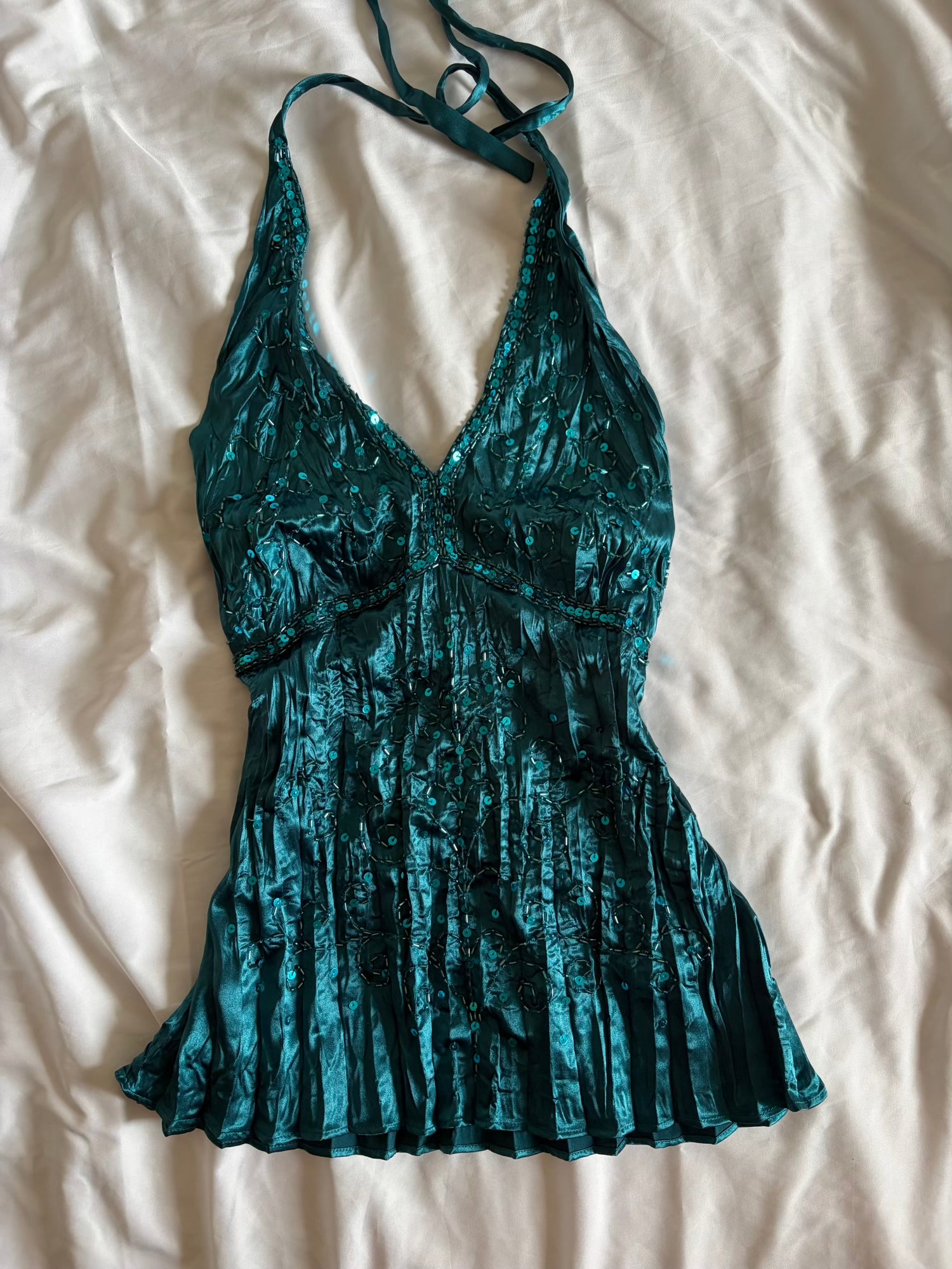 Vintage Y2K teal halterneck cami with sequin and beaded detail
