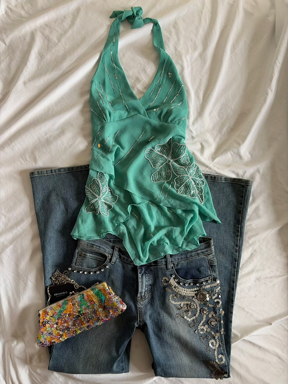 Vintage 2000s Mid Rise Bootcut Flared Jeans with Silver Embellishment and Beads