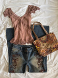 Vintage 2000s Mid Rise Bootcut Flared Jeans with Brown Embellishment and Beads