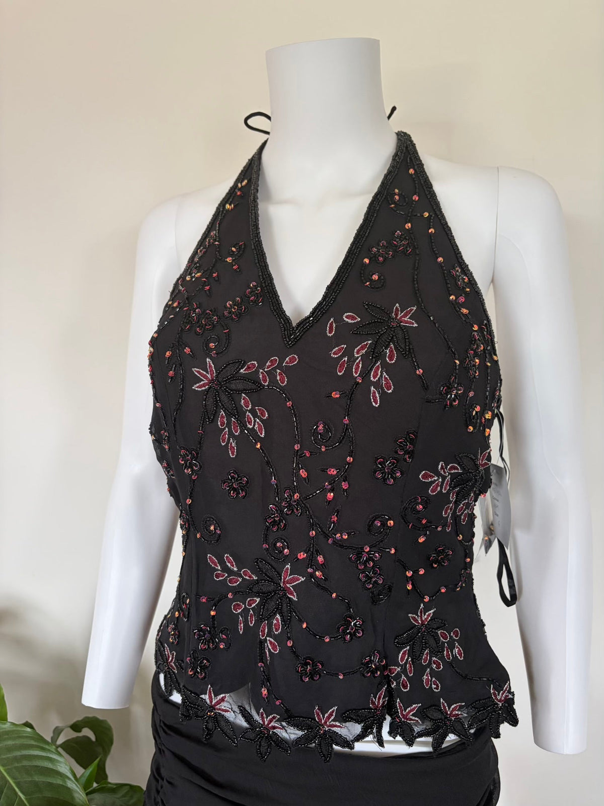 Vintage 2000s Silk Black Sequin and Beaded Corset Halter – Size 14–16