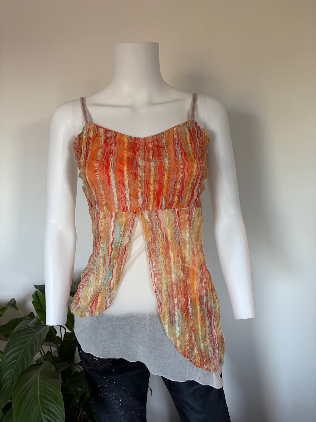 Vintage 1990s Orange Mesh Asymmetrical Hem Open Front Cami
