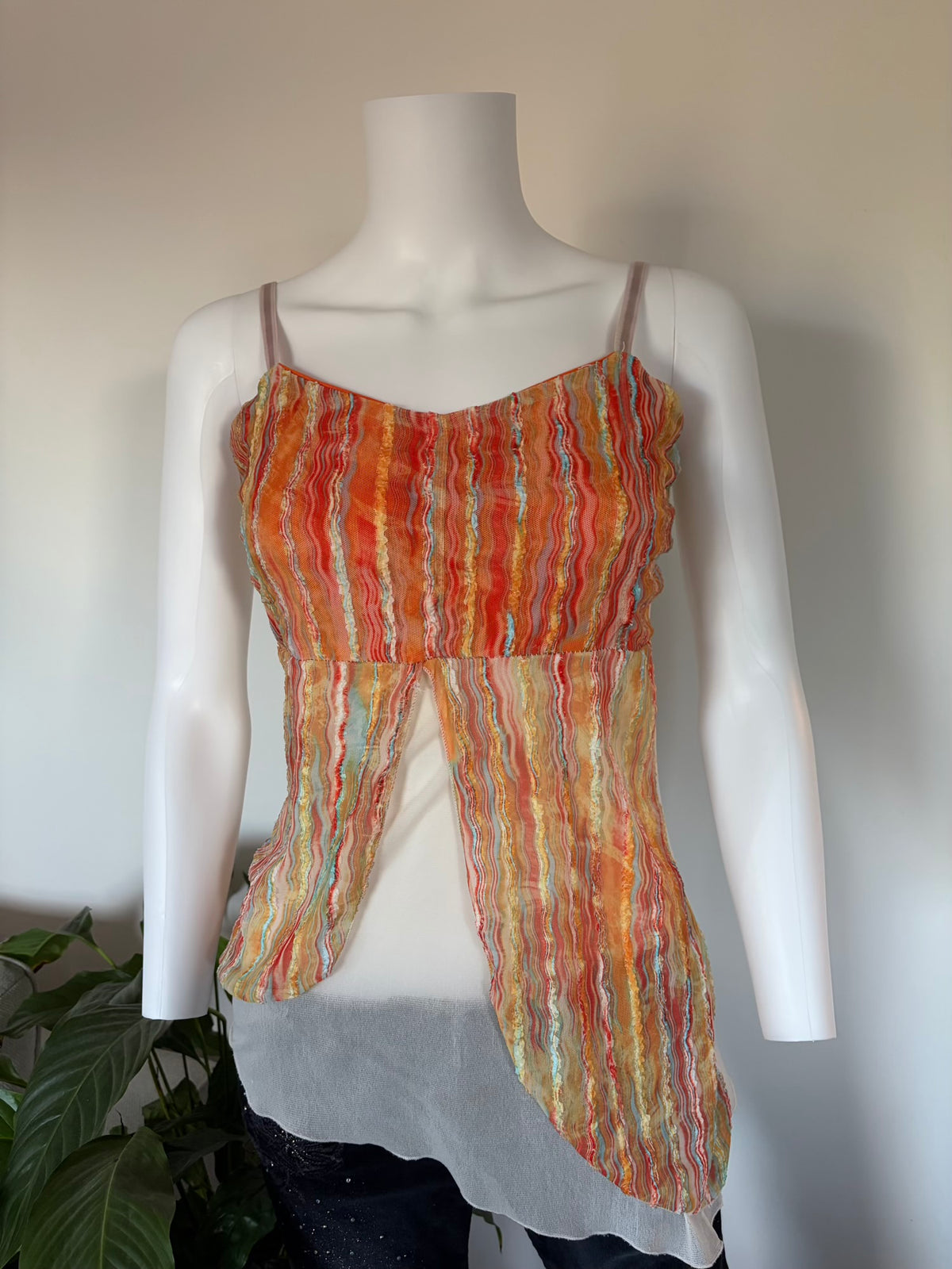 Vintage 1990s Orange Mesh Asymmetrical Hem Open Front Cami