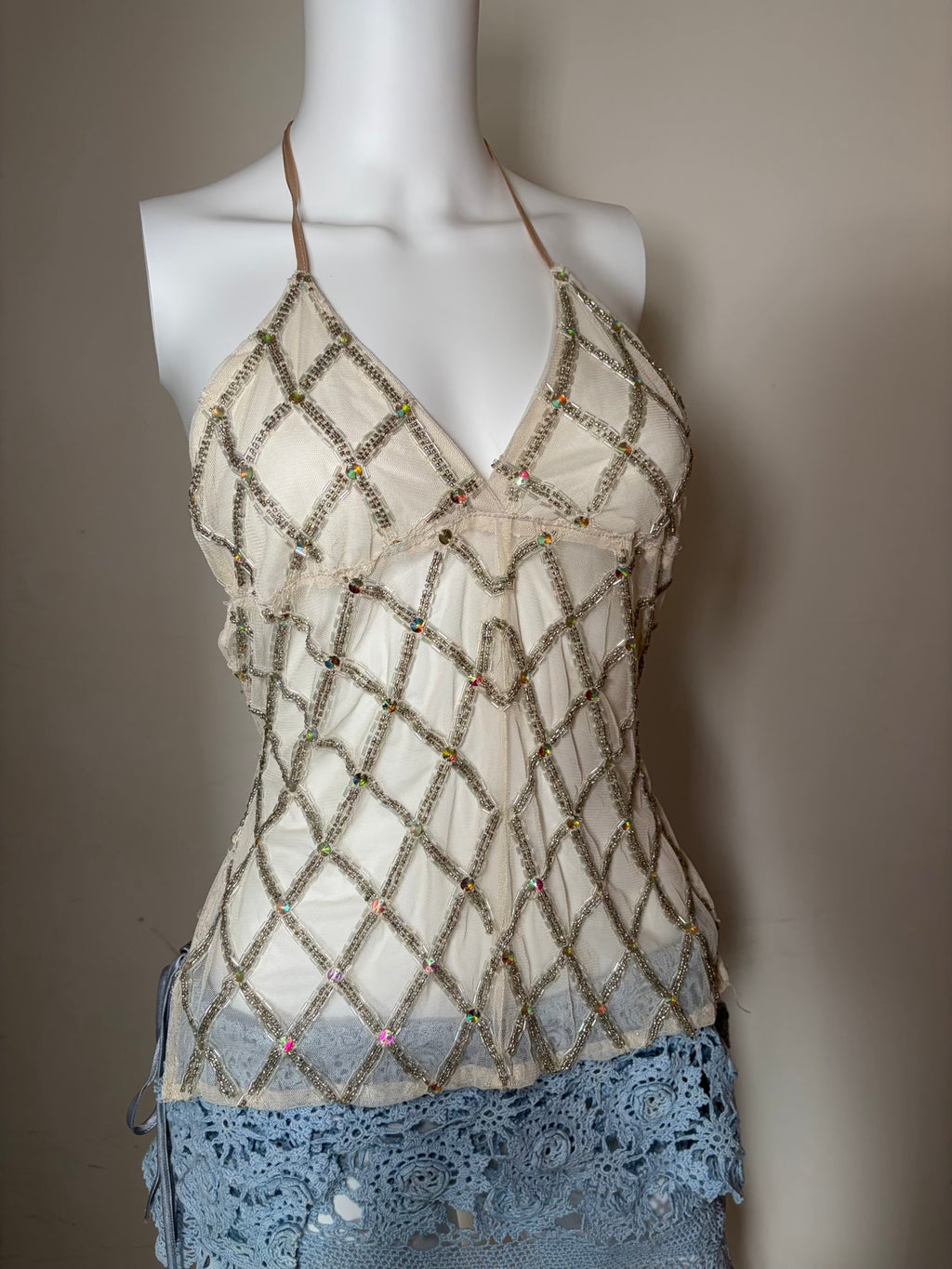 Handmade Backless Cream Cami with Beads and Iridescent Sequins