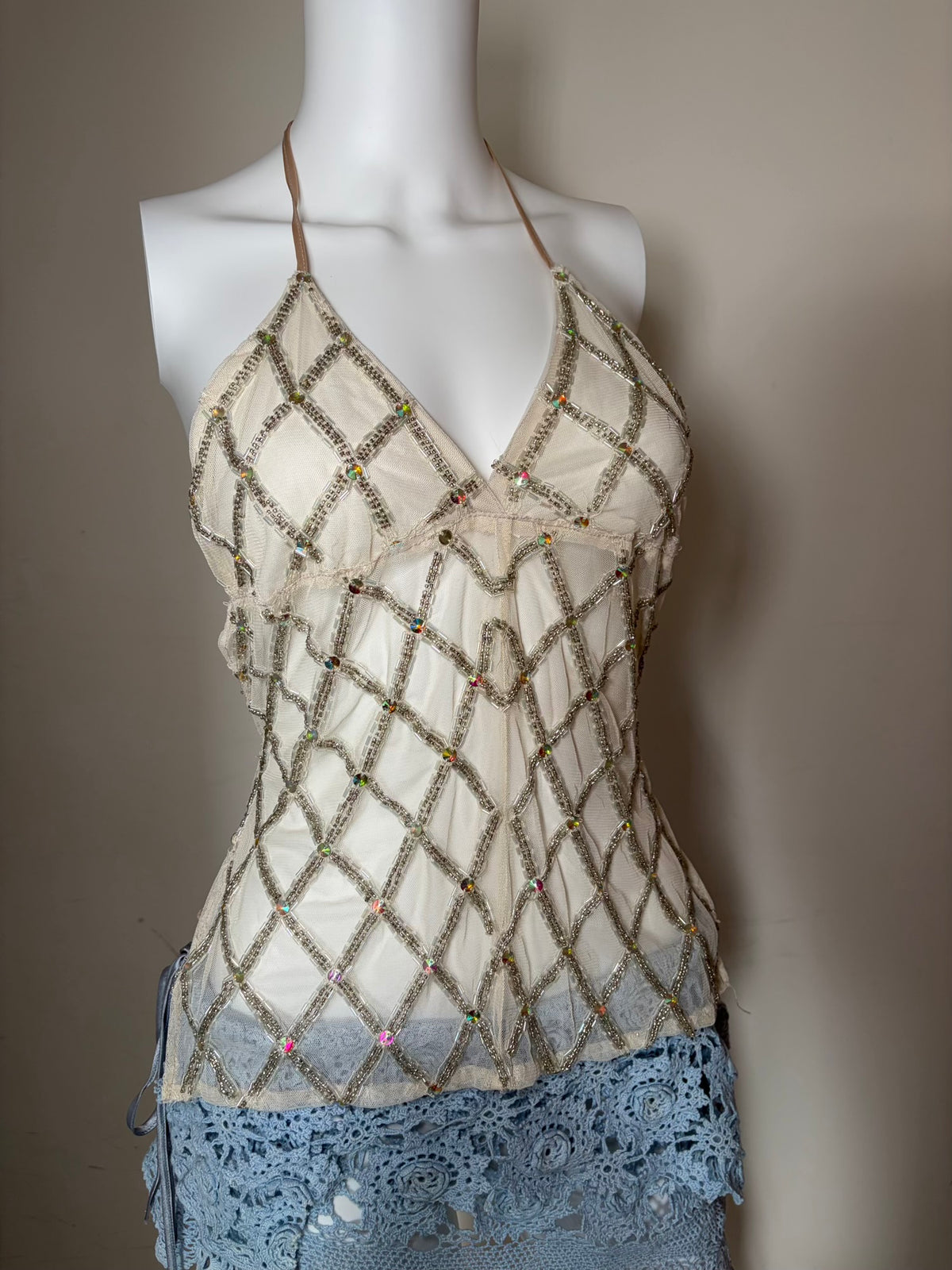 Handmade Backless Cream Cami with Beads and Iridescent Sequins
