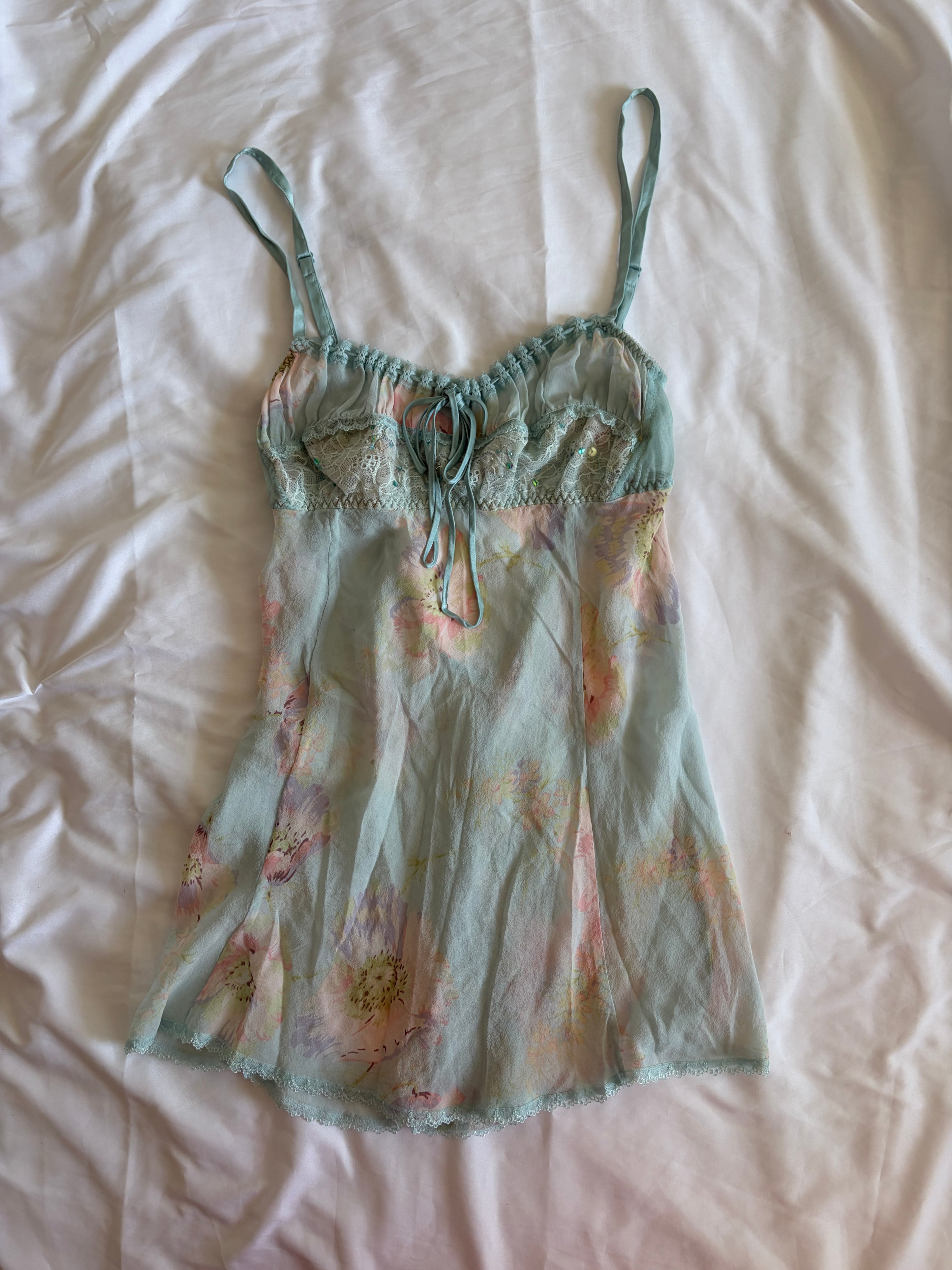 Vintage Y2K rare 2004 Victoria’s Secret silk blue floral cami mini slip with sequins