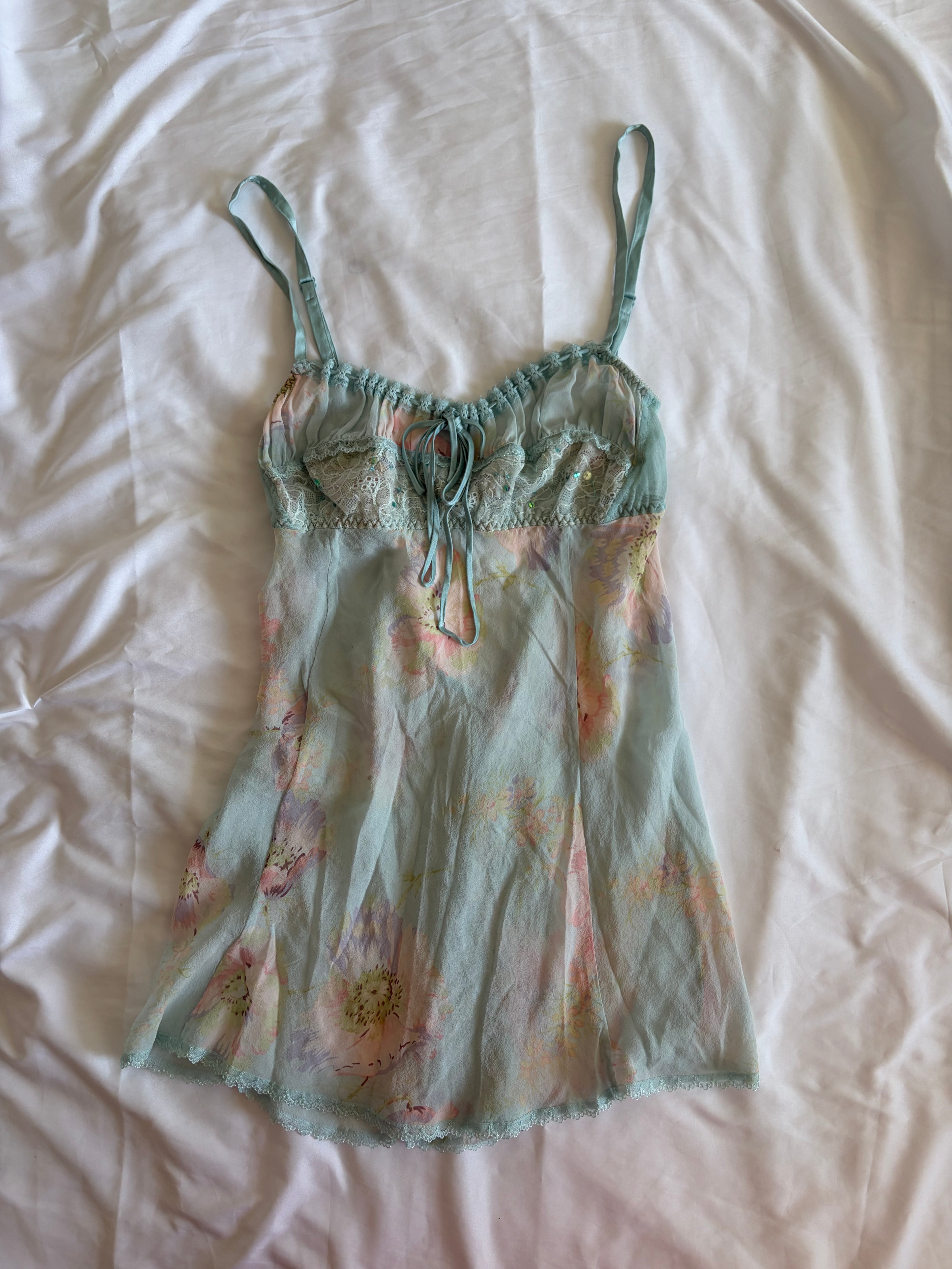Vintage Y2K rare 2004 Victoria’s Secret silk blue floral cami mini slip with sequins