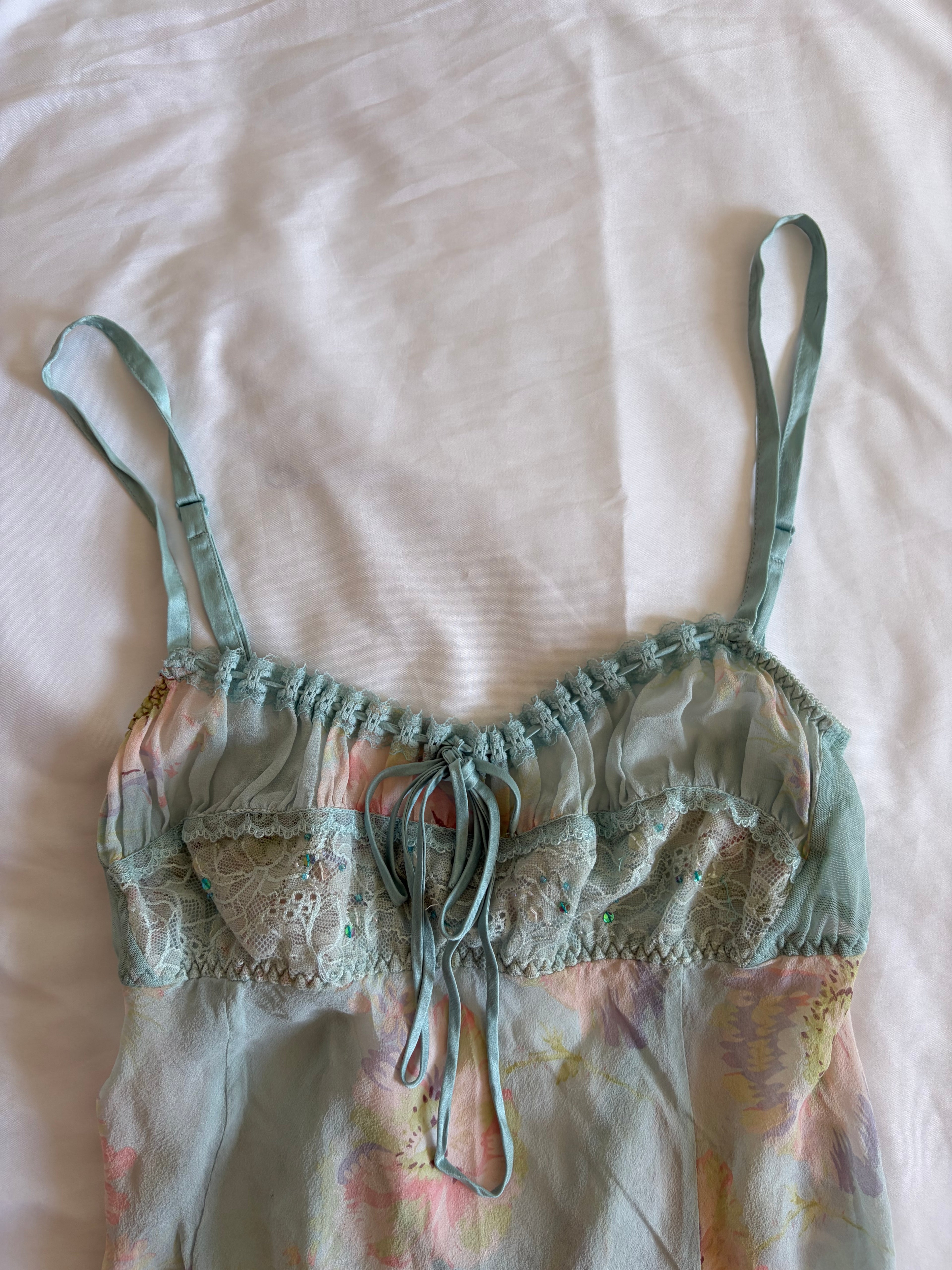 Vintage Y2K rare 2004 Victoria’s Secret silk blue floral cami mini slip with sequins