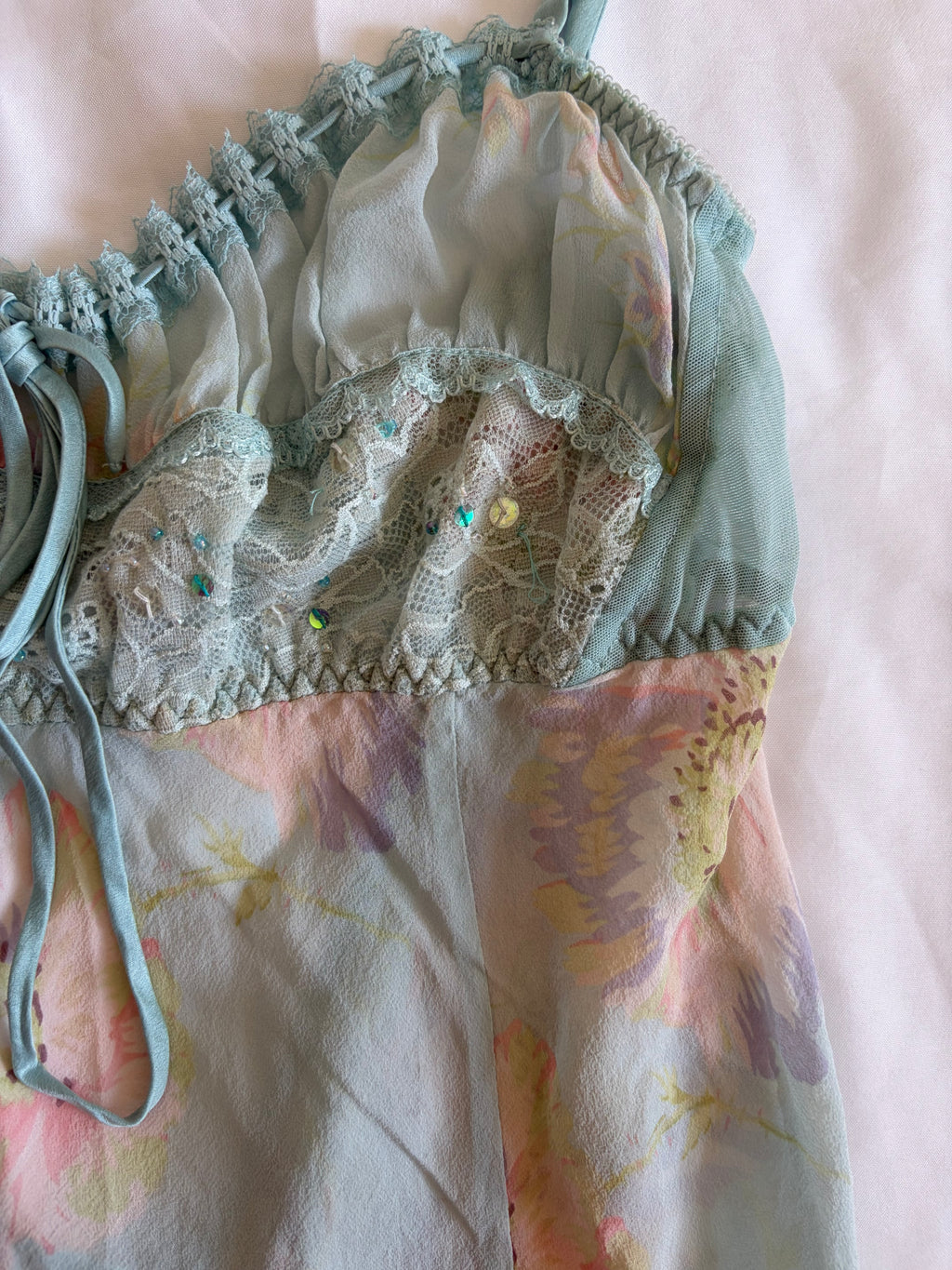 Vintage Y2K rare 2004 Victoria’s Secret silk blue floral cami mini slip with sequins