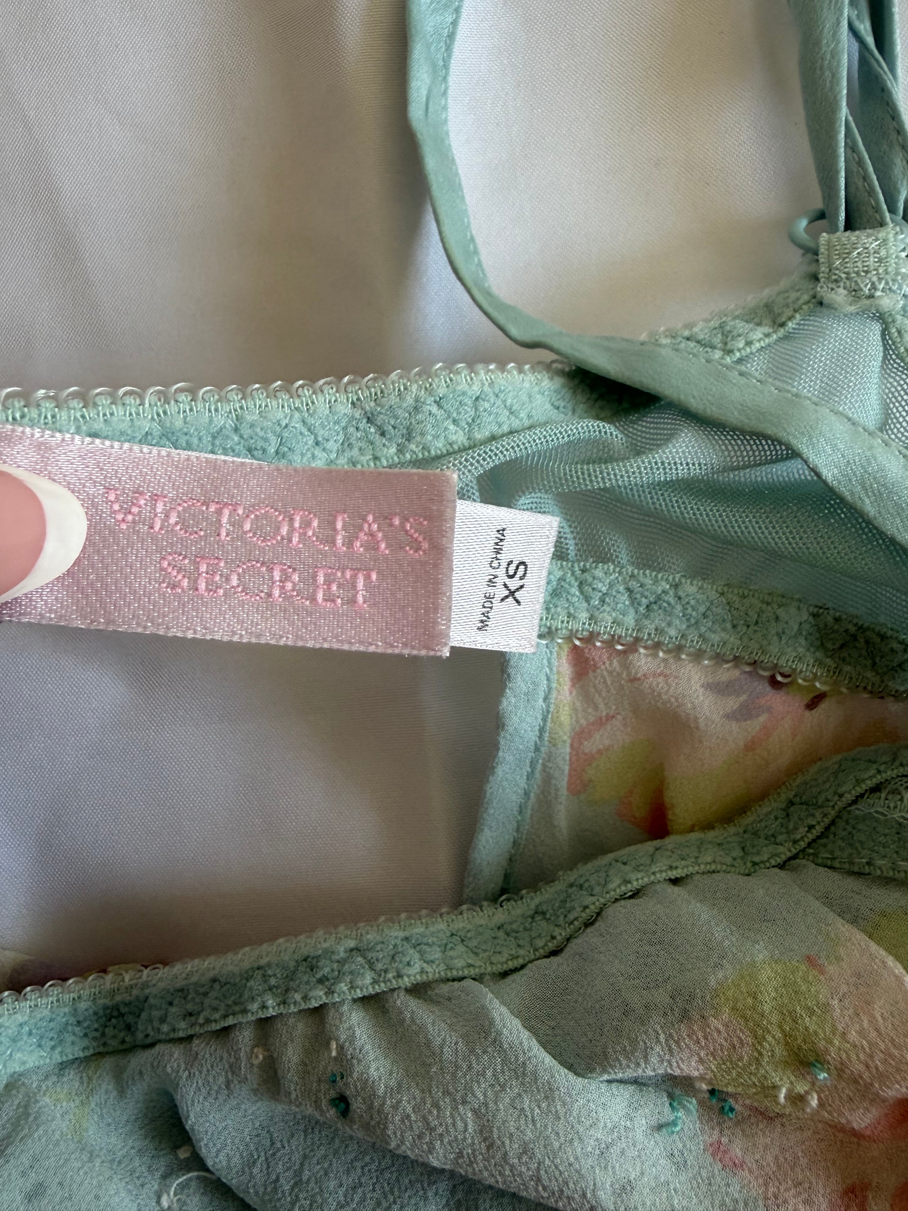 Vintage Y2K rare 2004 Victoria’s Secret silk blue floral cami mini slip with sequins