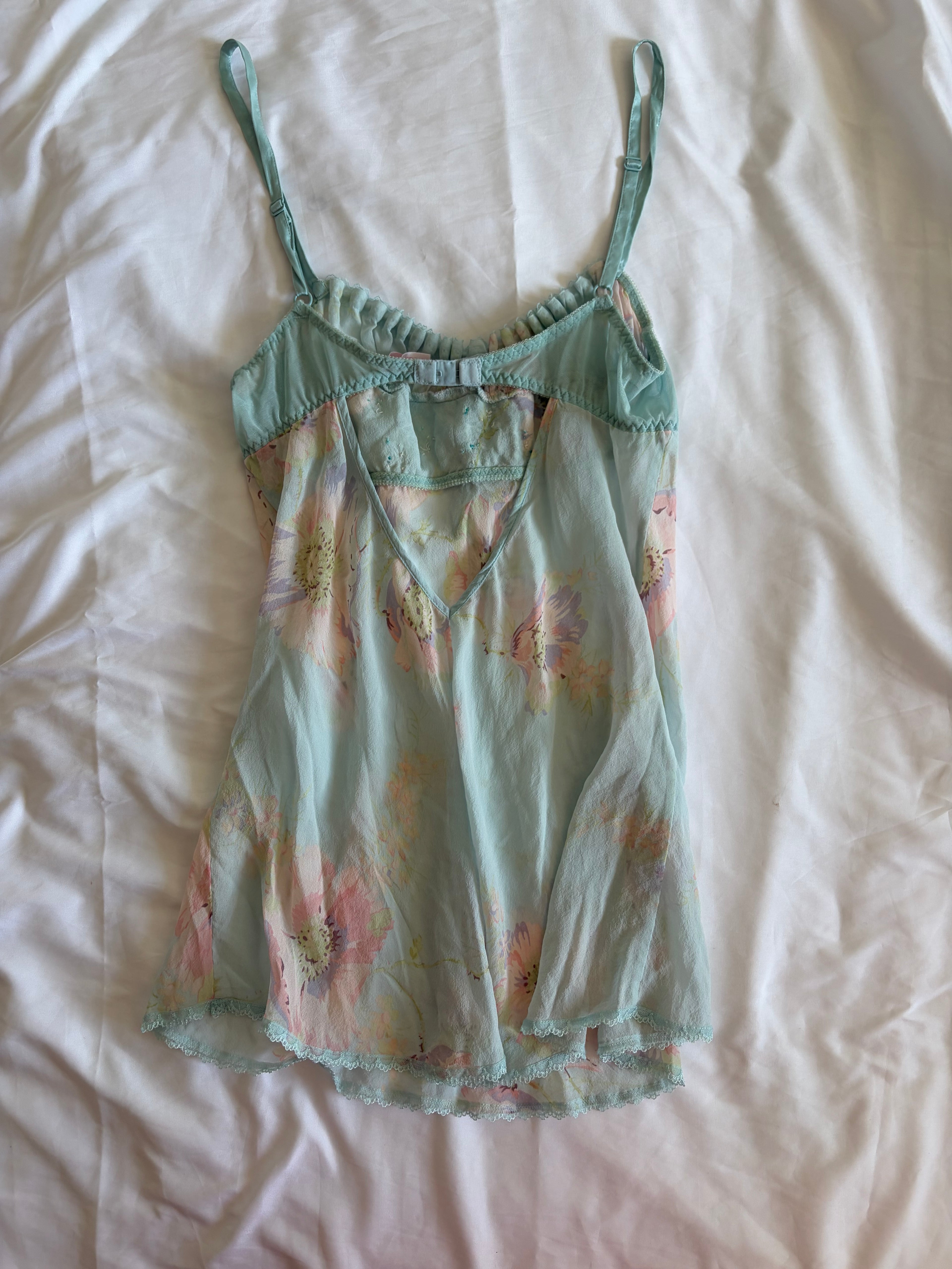 Vintage Y2K rare 2004 Victoria’s Secret silk blue floral cami mini slip with sequins