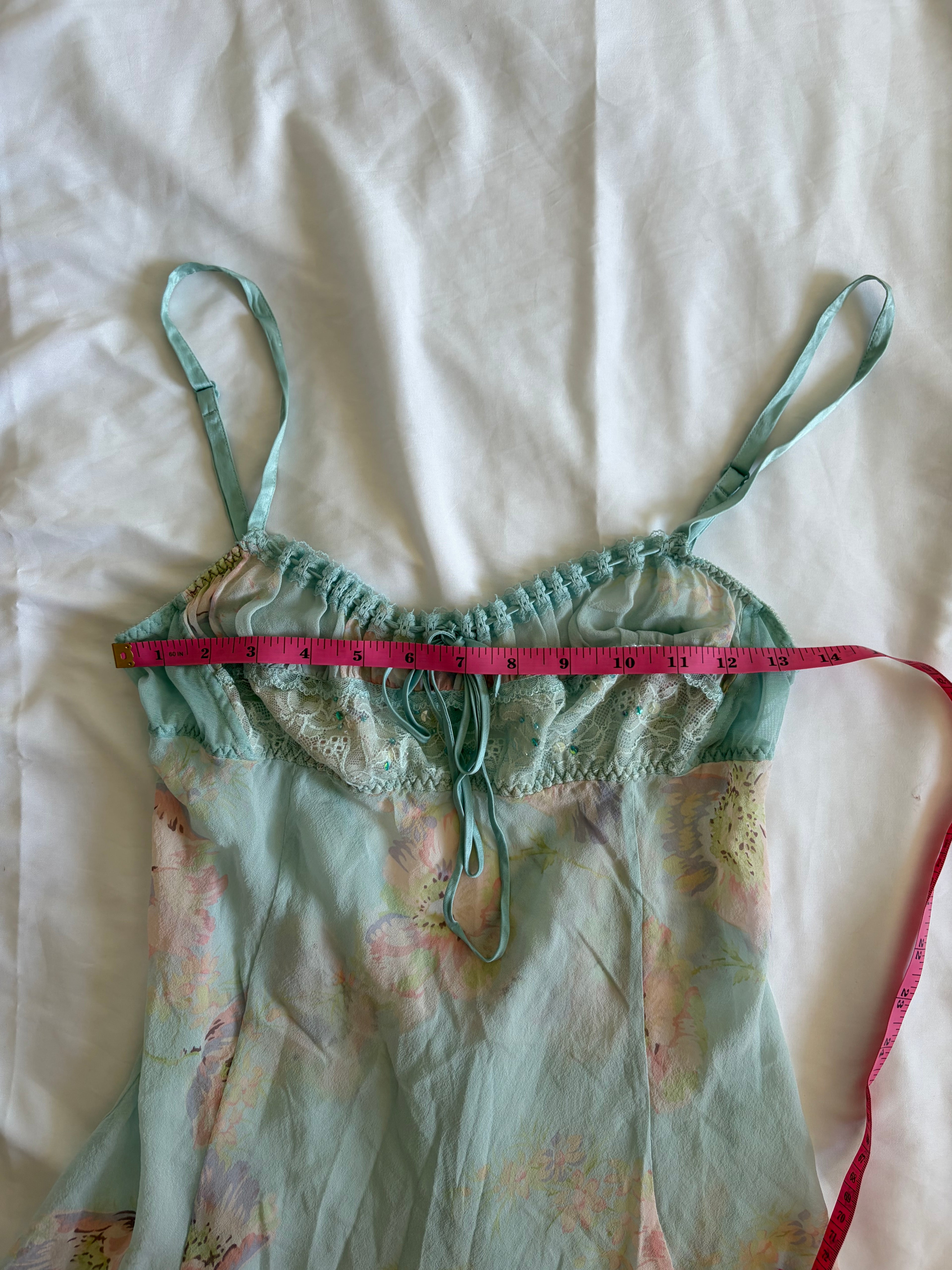 Vintage Y2K rare 2004 Victoria’s Secret silk blue floral cami mini slip with sequins