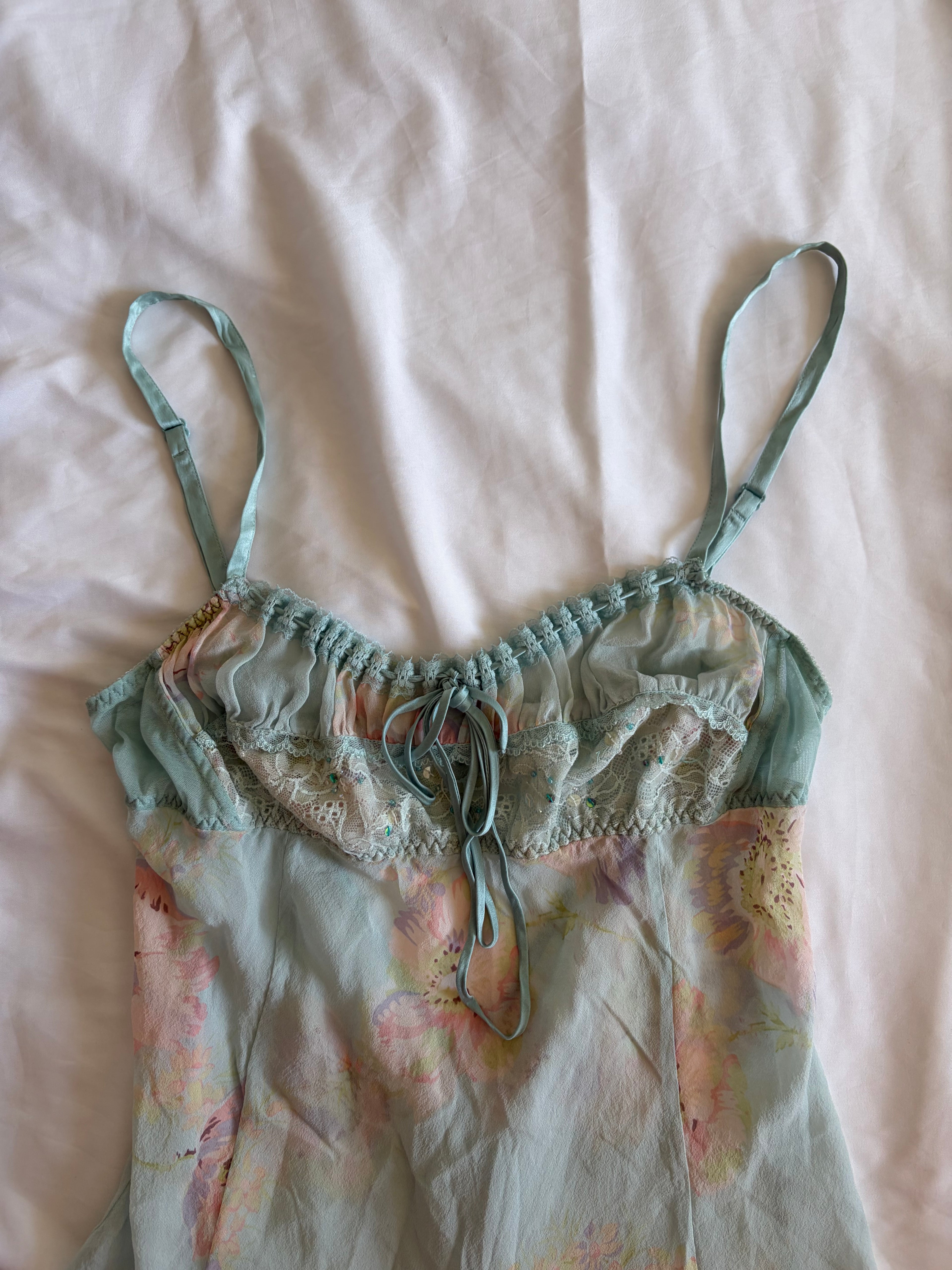 Vintage Y2K rare 2004 Victoria’s Secret silk blue floral cami mini slip with sequins