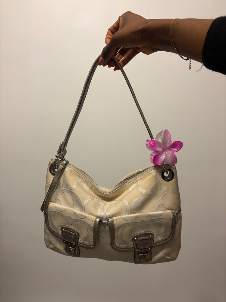 2012 Coach Poppy Signature Grey and Silver Metallic Hippie Shoulder Bag