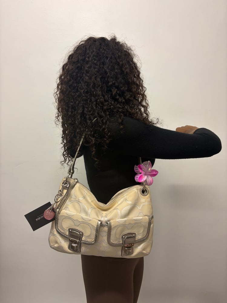 2012 Coach Poppy Signature Grey and Silver Metallic Hippie Shoulder Bag