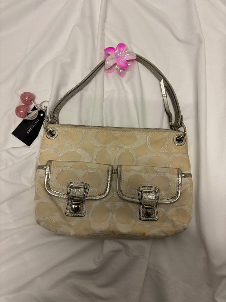 2012 Coach Poppy Signature Grey and Silver Metallic Hippie Shoulder Bag