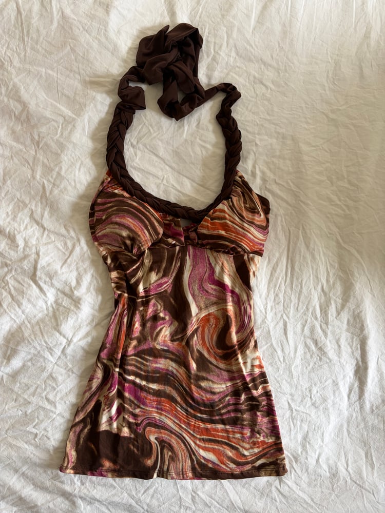 Vintage Y2K halter neck cami swirl pattern and braided strap detail