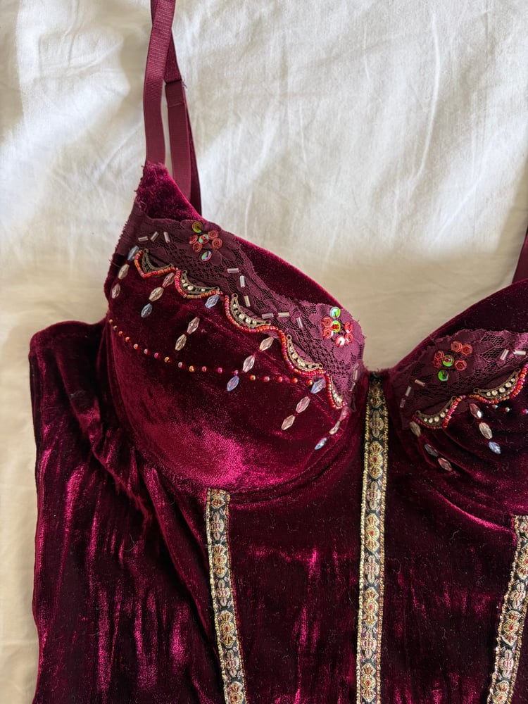 Y2K 2000s Rare Burgundy Corset Style Top With Sequins and Ruffle Hem