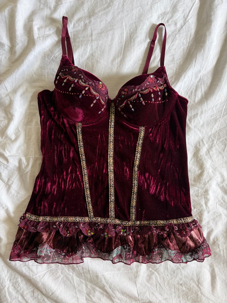 Y2K 2000s Rare Burgundy Corset Style Top With Sequins and Ruffle Hem