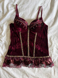 Y2K 2000s Rare Burgundy Corset Style Top With Sequins and Ruffle Hem