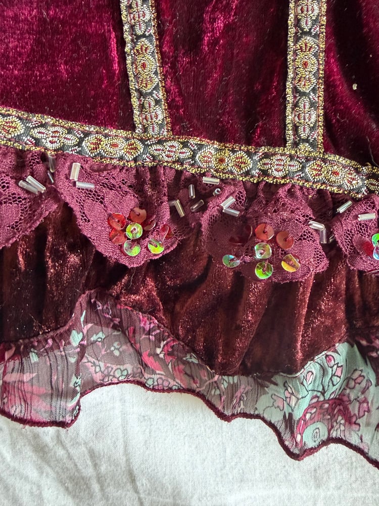 Y2K 2000s Rare Burgundy Corset Style Top With Sequins and Ruffle Hem