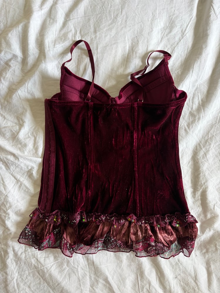 Y2K 2000s Rare Burgundy Corset Style Top With Sequins and Ruffle Hem