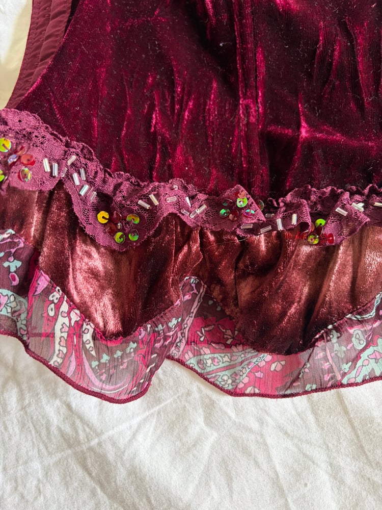 Y2K 2000s Rare Burgundy Corset Style Top With Sequins and Ruffle Hem